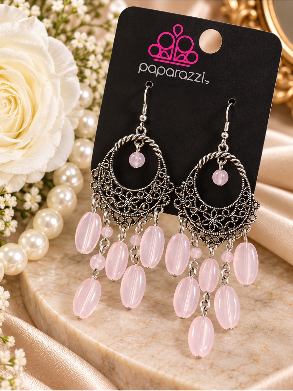 paparazzi Silver Filigree Chandelier Earrings with Soft Pink Beads